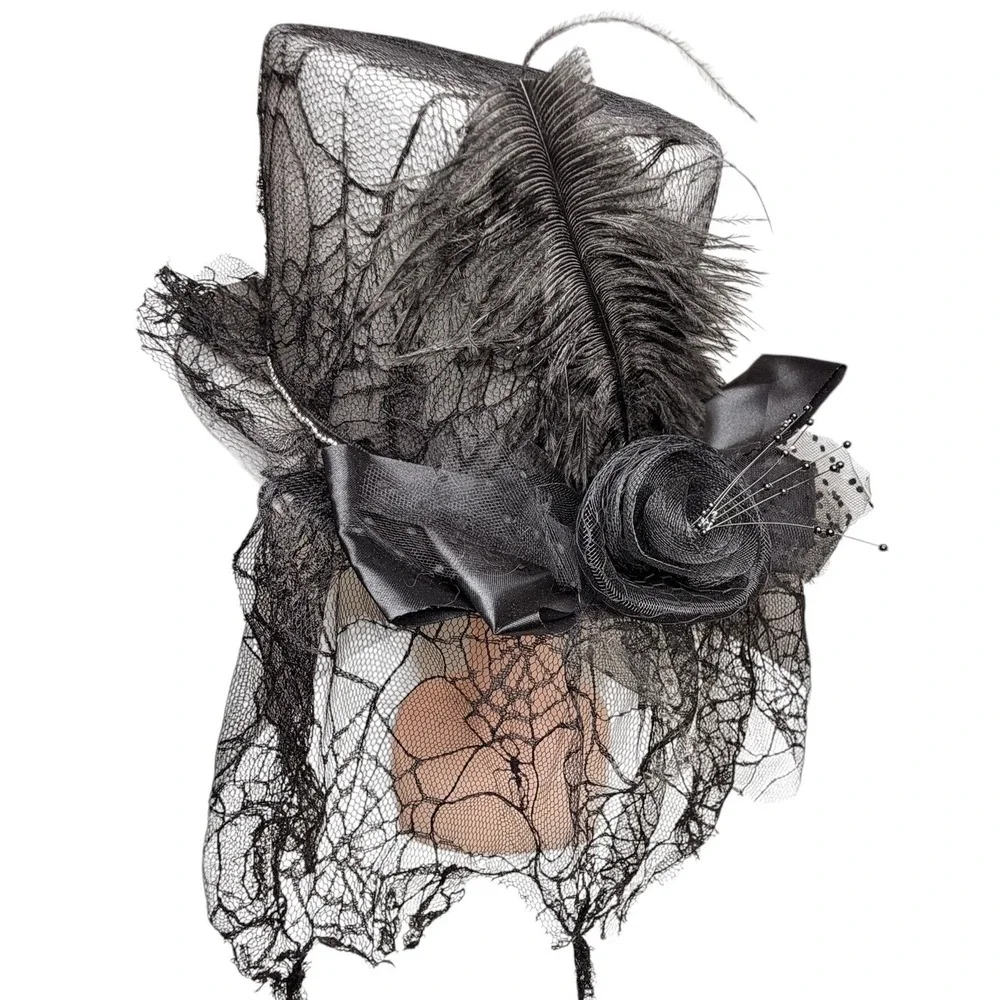 Gothic Victorian Gray Top Hat Black Lace Veil Feather Fascinator S/M